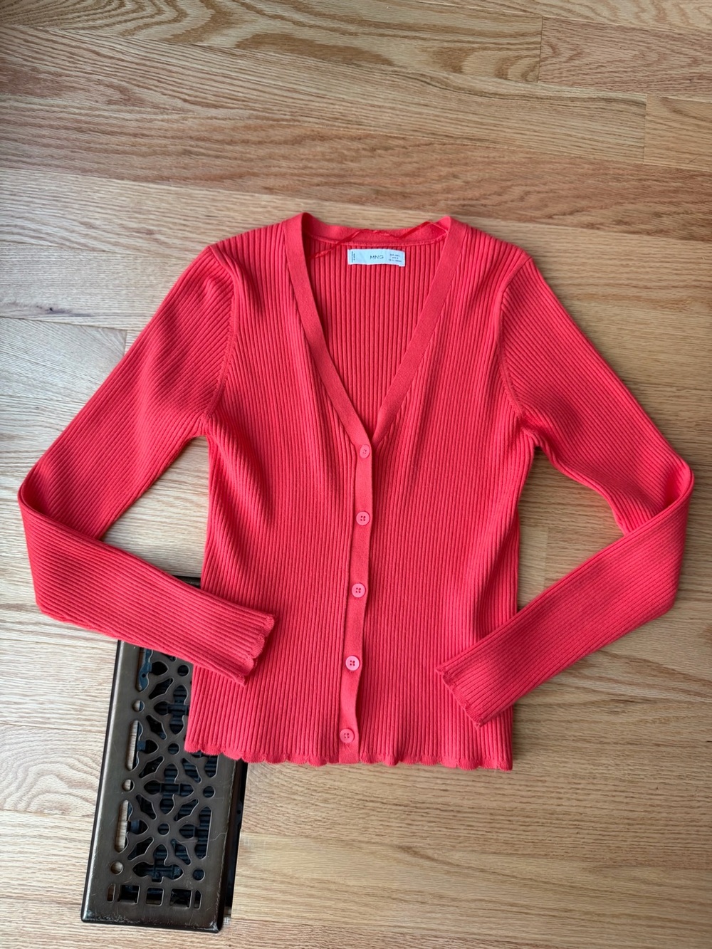 Mango Red Ribbed Fitted Button Front Cardigan Top M